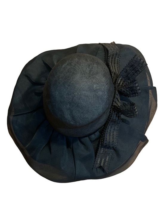 VINTAGE ADOLFO II BLACK WIDE BRIM LINEN HAT WITH STRIPED BOW